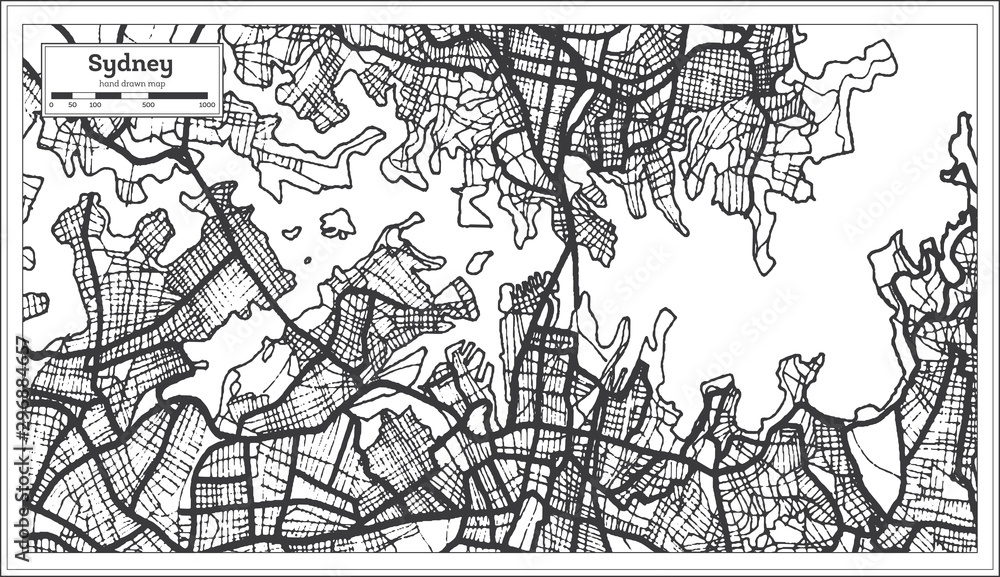 Sydney Australia City Map in Black and White Color. Outline Map.