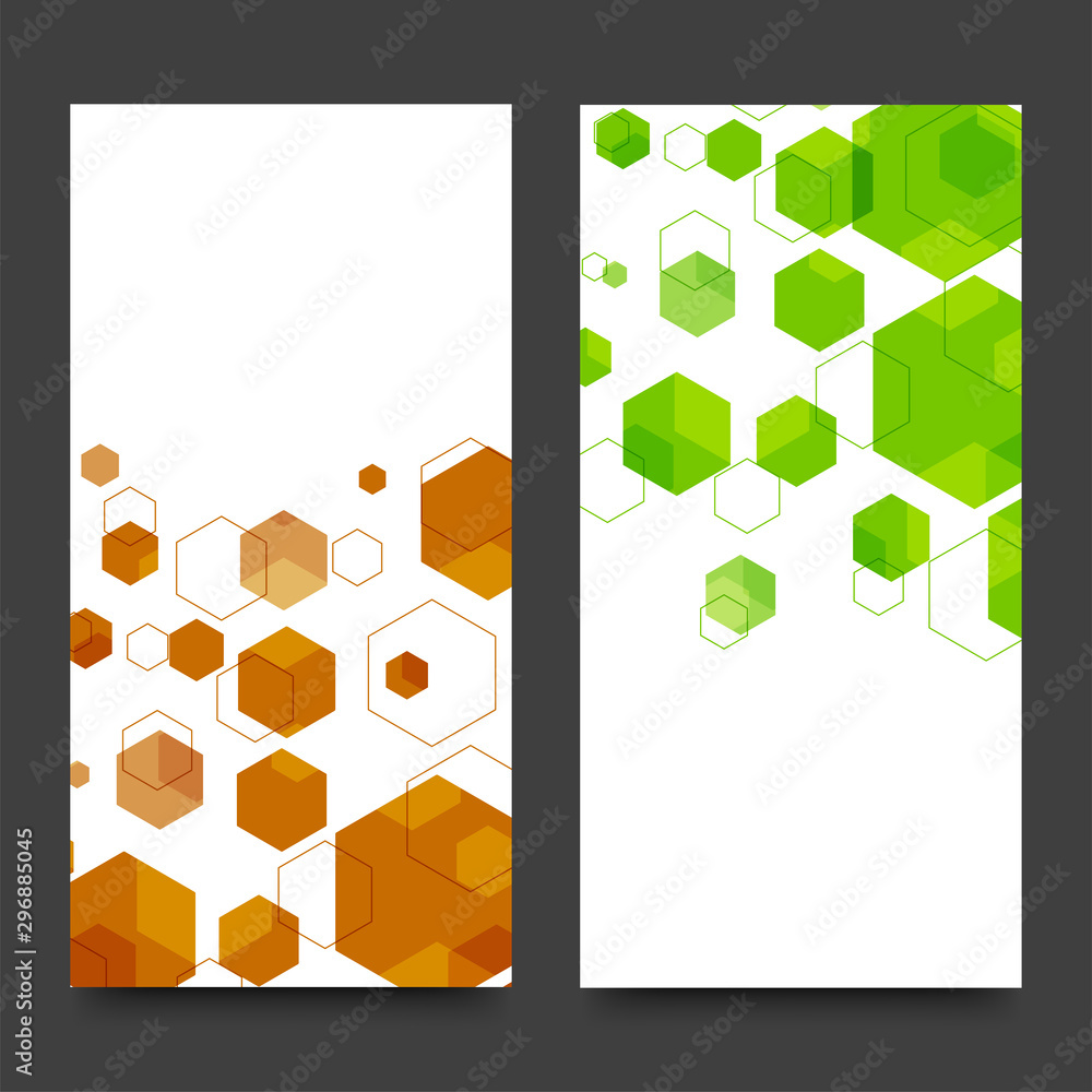 Website banners with brown and green hexagons.