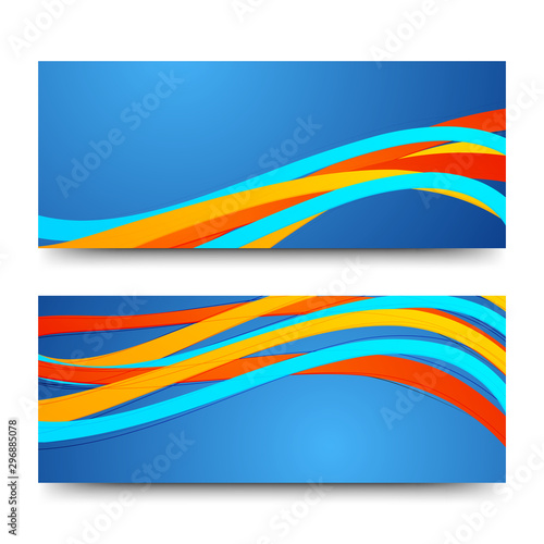 Blue website headers or banners with colorful waves.