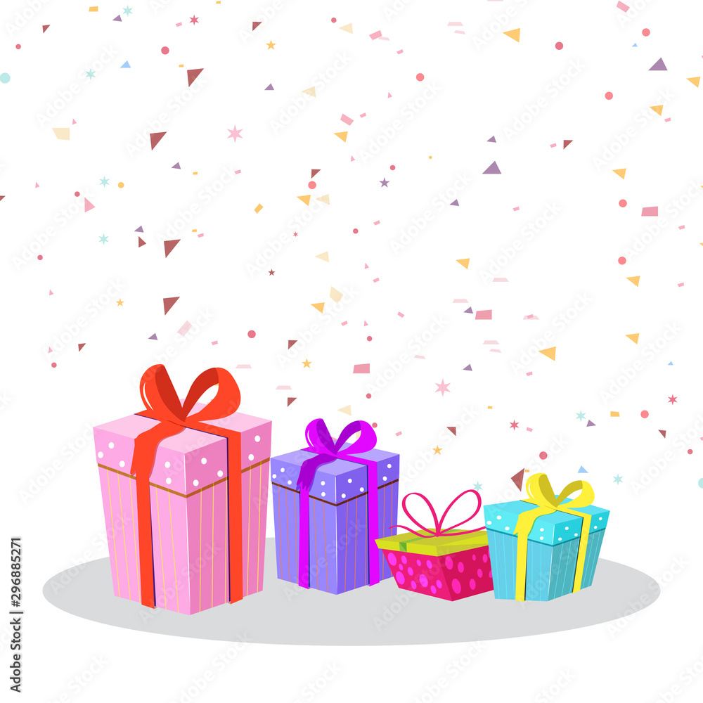 Party celebration background with colorful gifts and confetti. Party celebration background with colorful gifts and confetti.