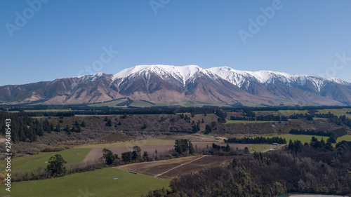 Beautiful aerial view of Mount Hutt from Rakaian Gorge.Panoramic view of snow cap mountain in New Zealand.