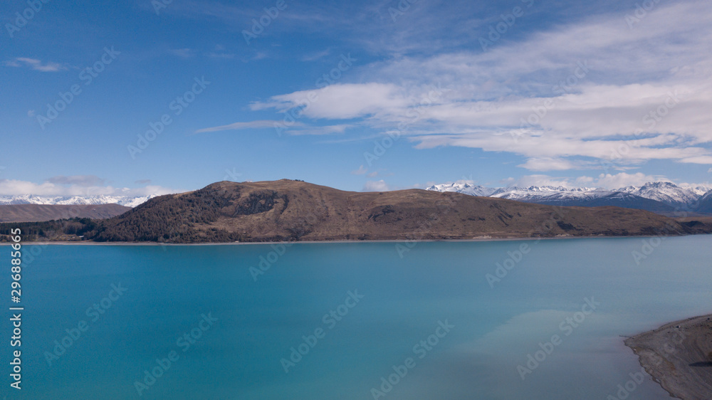 Lake Tekapo aerial view during sunny day.