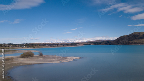 Lake Tekapo aerial view during sunny day.