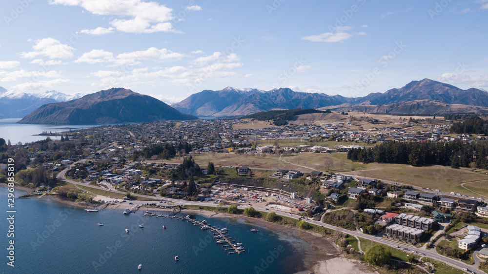 Aerial view of Wanaka town during sunny day.Wanaka town ship.