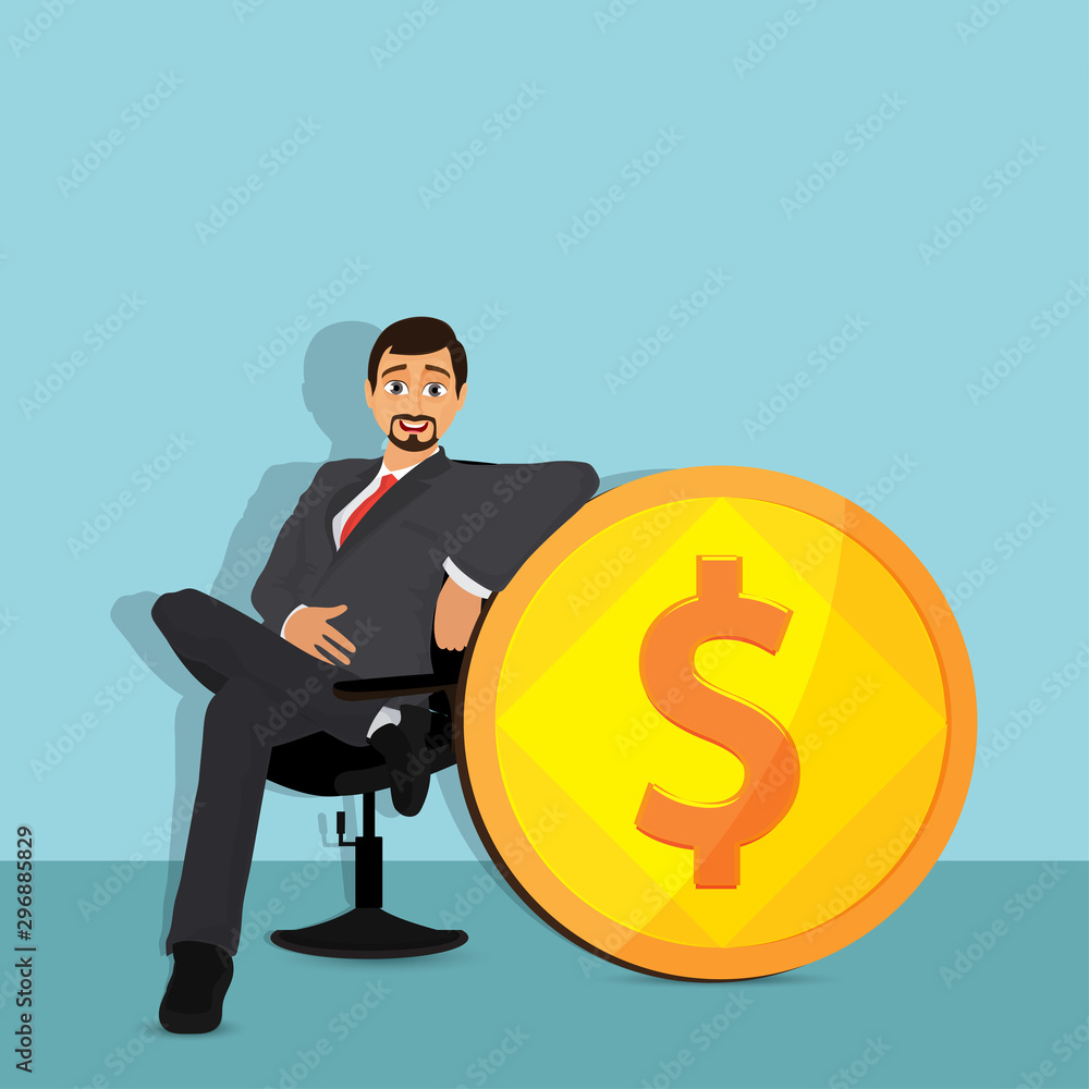 Smiling businessman sitting near golden dollar coin. Smiling businessman sitting near golden dollar coin.