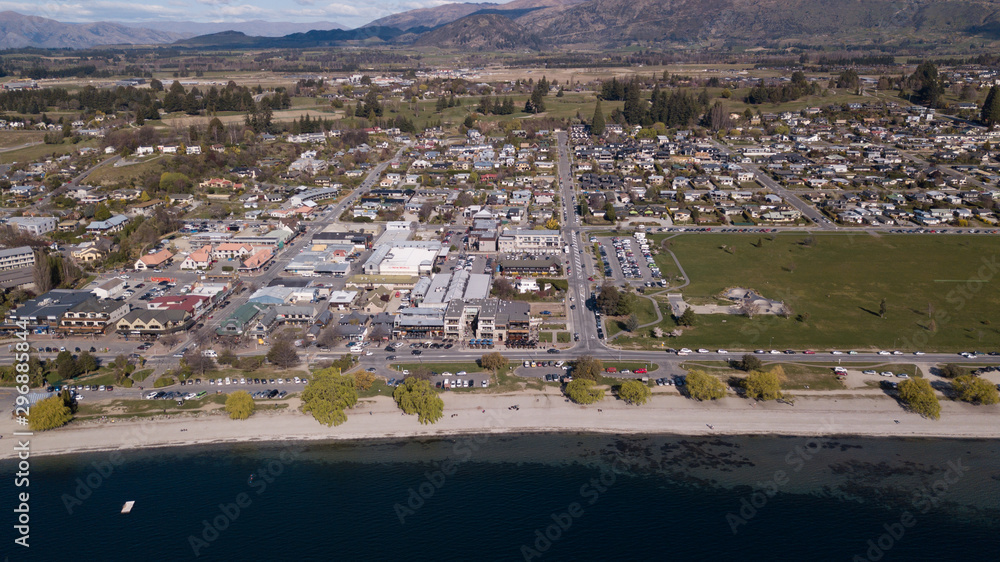 Aerial view of Wanaka town during sunny day.Wanaka town ship.