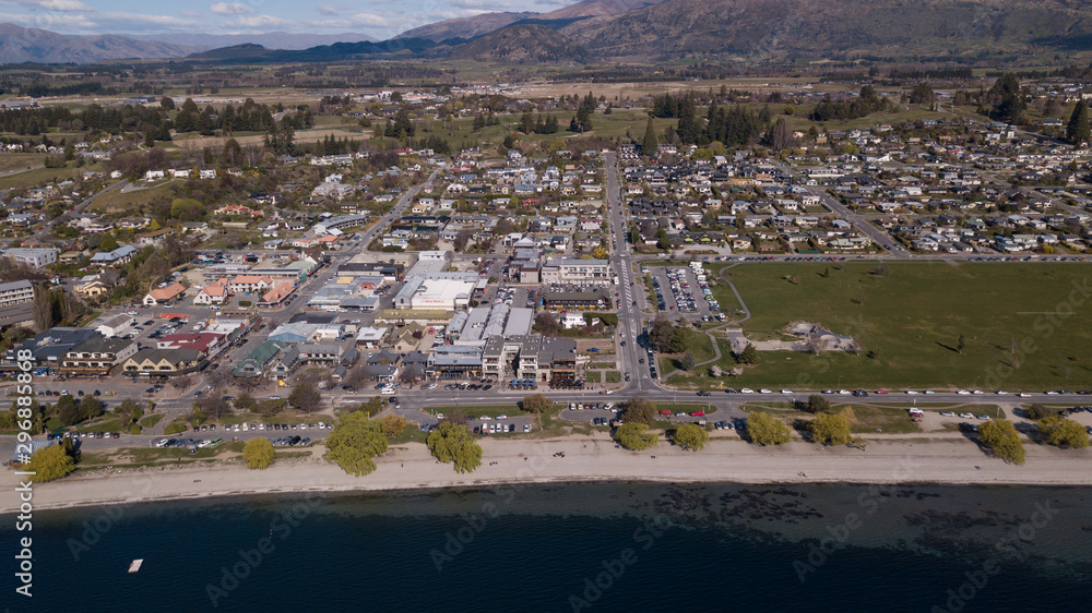 Aerial view of Wanaka town during sunny day.Wanaka town ship. Aerial view of Wanaka town during sunny day.Wanaka town ship.