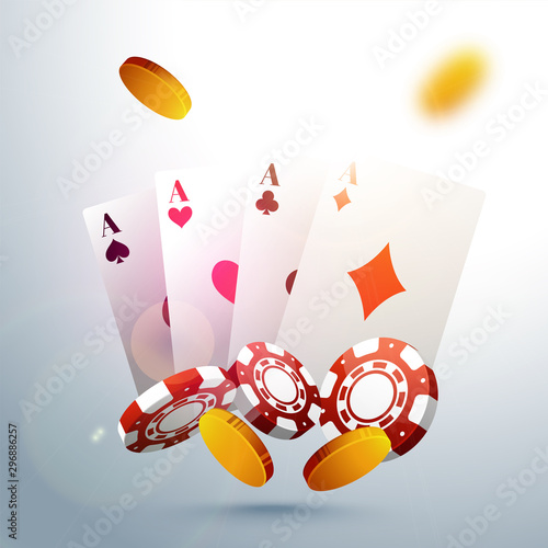 Playing cards with poker chips and golden coins for Casino.