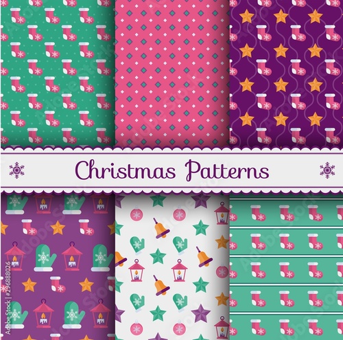 Christmas flat vector seamless pattern. Set of vibrant backgrounds