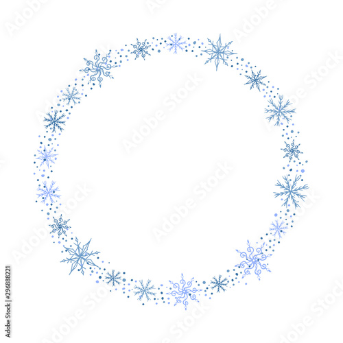 Vector hand drawn snowflakes wreath isolated on white background.