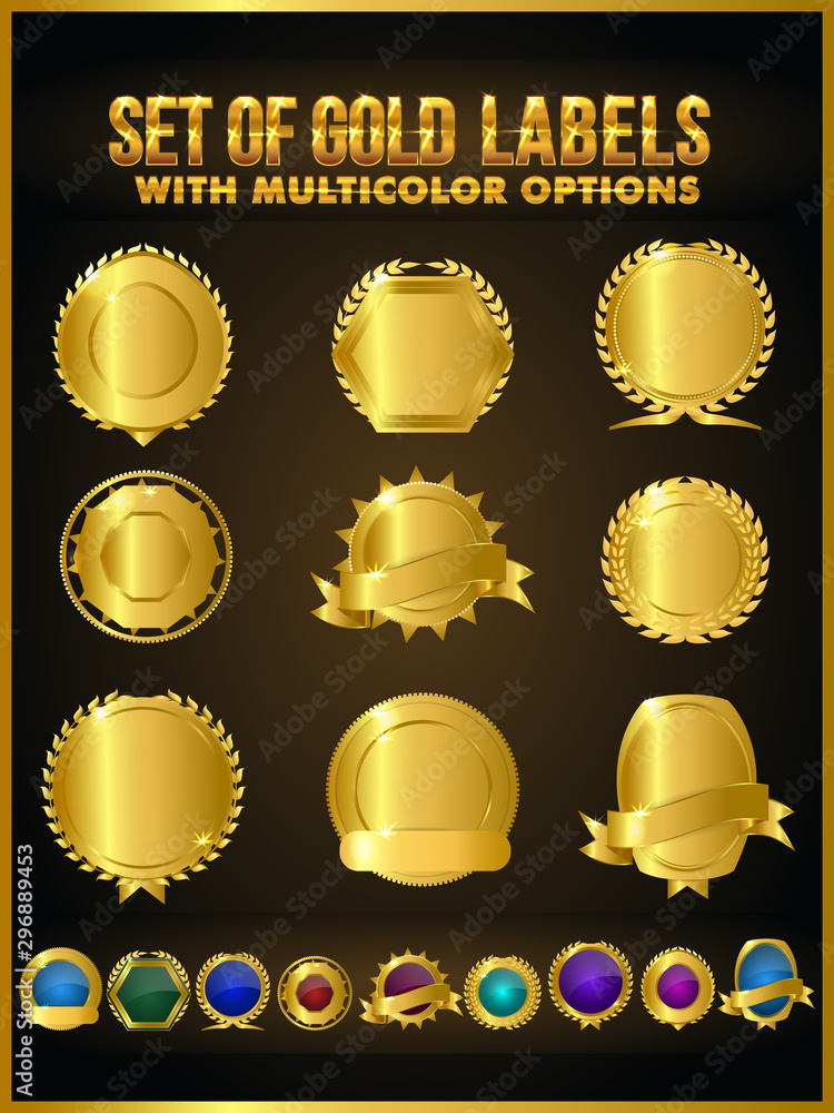 Collection of Gold Labels, Badge, Sticker, Ribbon. Collection of Gold Labels, Badge, Sticker, Ribbon.