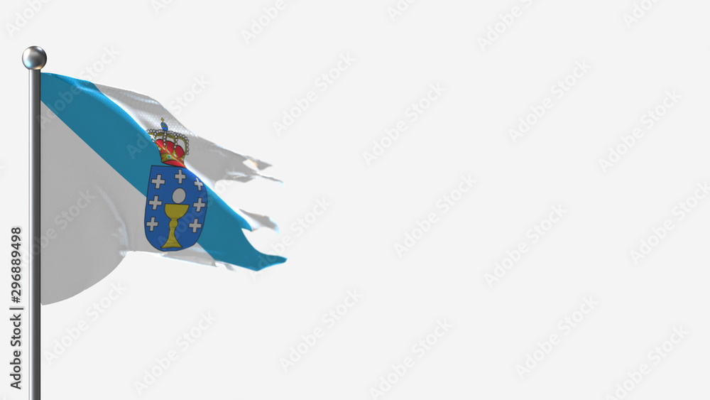 Fototapeta premium Galicia 3D tattered waving flag illustration on Flagpole. Perfect for background with space on the right side.