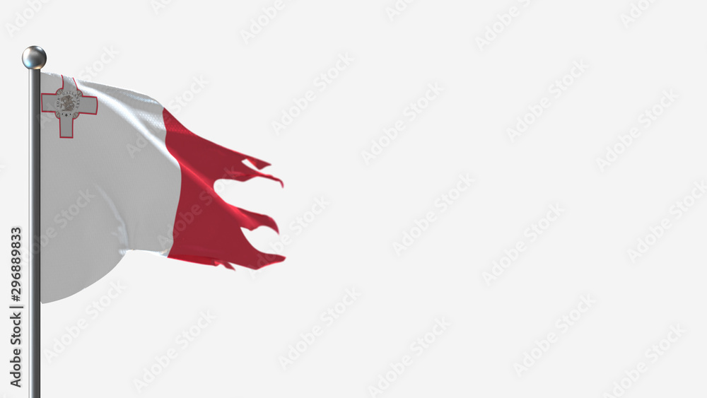 Malta 3D tattered waving flag illustration on Flagpole. Perfect for background with space on the right side.