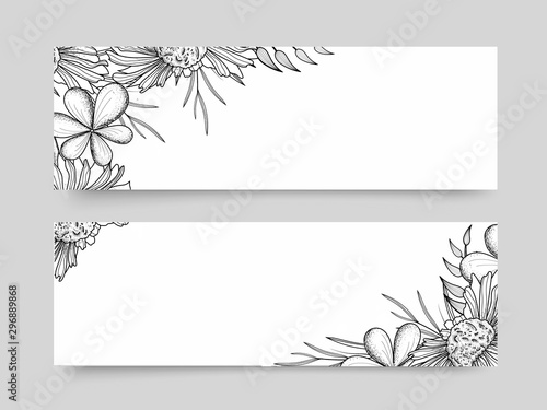 Web headers with black and white floral elements.