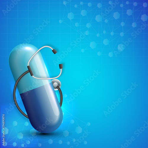 Glossy capsule pill with stethoscope, Medical concept.