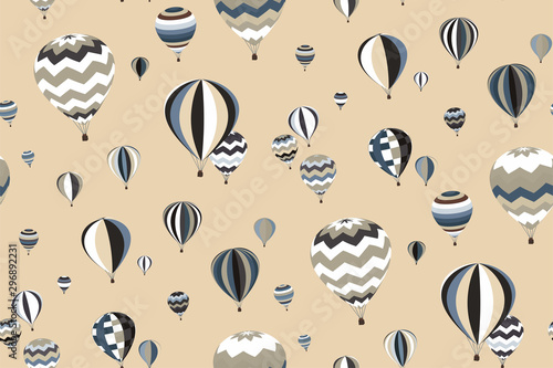 Seamless pattern with different hot air balloons on light brown background. Flat cartoon vector illustration in vintage style. World travel collection.
