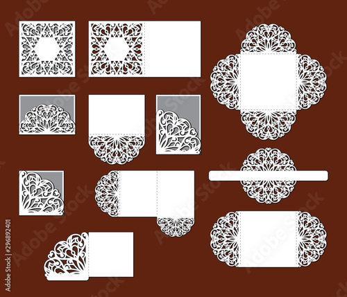 Set of laser cutting template of openwork vector silhouette. Wedding invitation card with lace border at vintage style. Envelope with ornate abstract ornament. Decorative holiday design, swirl pattern