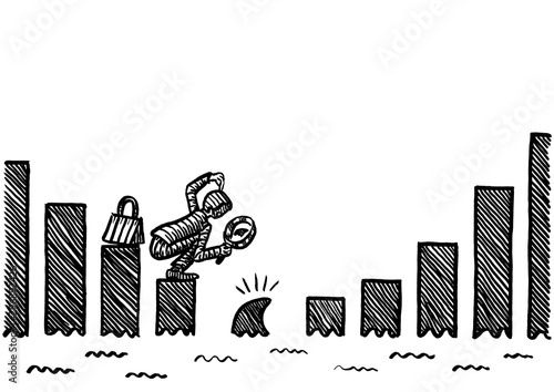 Drawn Man Spotting Shark Fin In Growth Bar Chart