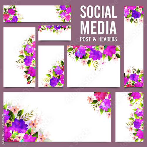 Social Media Post and Headers with purple flowers.