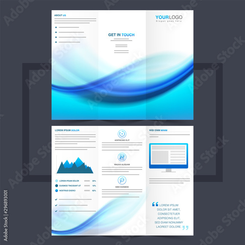 Business trifold leaflet or flyer design with blue waves.