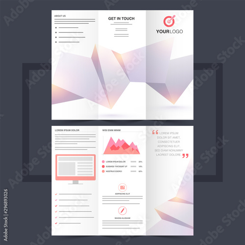 Business trifold leaflet or flyer design with origami abstract design.