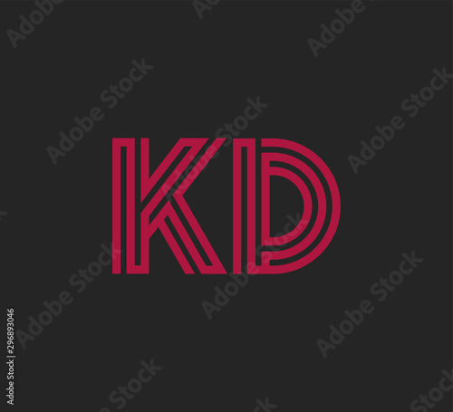 Initial two letter red line shape logo on black vector KD