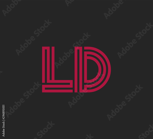 Initial two letter red line shape logo on black vector LD
