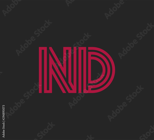 Initial two letter red line shape logo on black vector ND