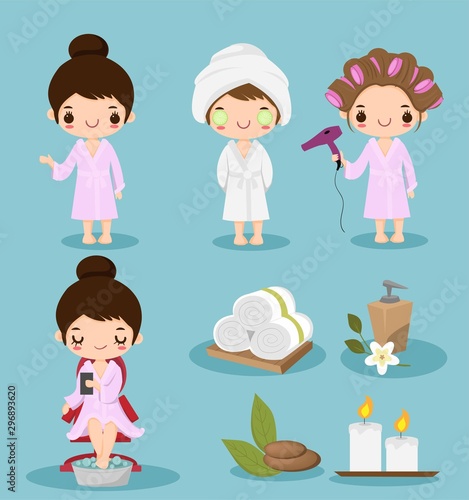 cute cartoon girl doing spa therapy collection set