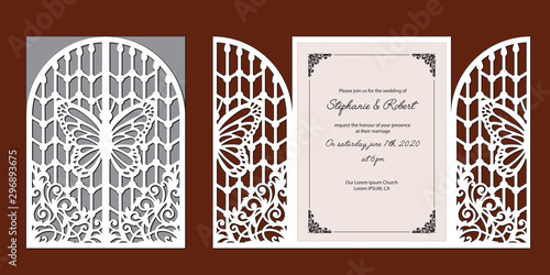 Laser cut template of wedding invitation. Fold gate with lace pattern, butterfly at vintage style. Envelope with ornate abstract ornament for greeting card. Openwork vector silhouette. Paper cutout.