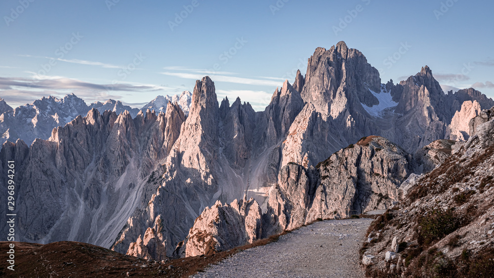 Mountains trail to Tre Cime di Lavaredo at sunrise, Dolomites