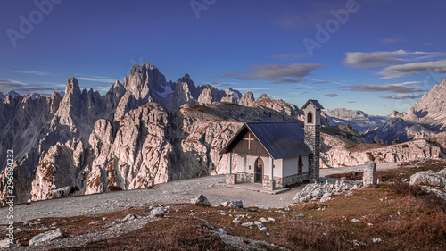 Small chapel on the mountain trail to Tre Cime, Dolomites © shaiith