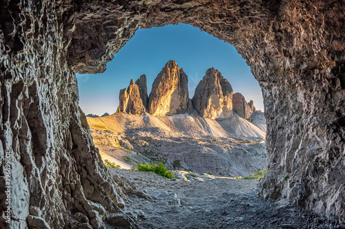 Stunning view to Tre Cime di Lavaredo from cave, Dolomites