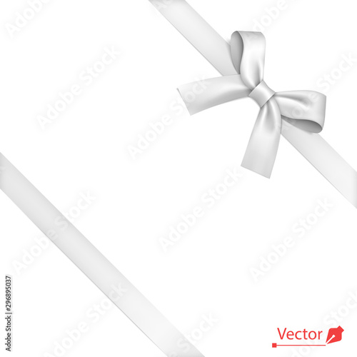 Isolated realistic tied the corners white bow and diagonally ribbon. 