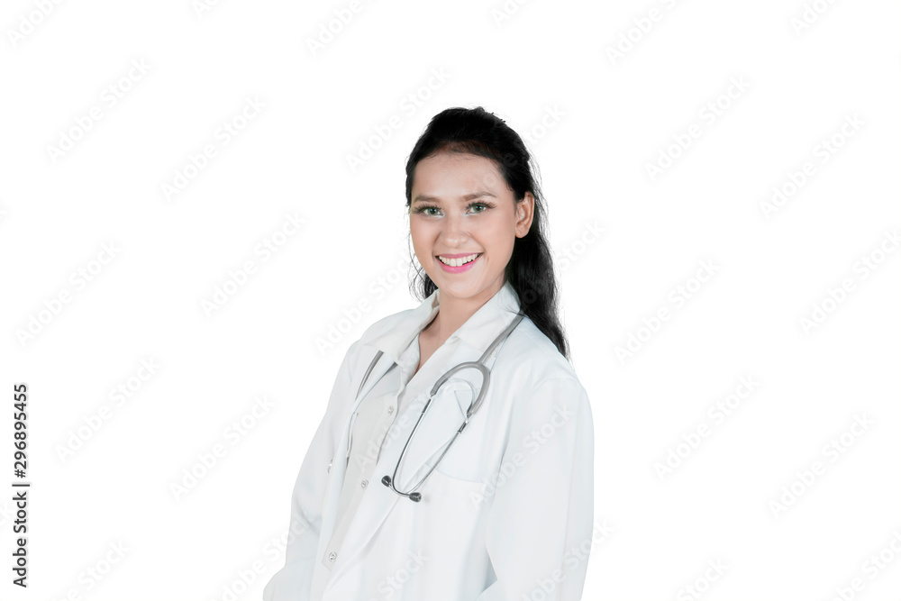 Caucasian female doctor standing on studio Caucasian female doctor standing on studio