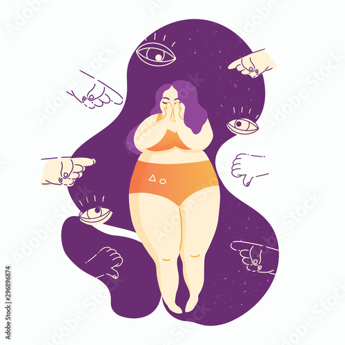 Sad young woman standing with many fingers pointing at her. Fat shaming, bullying concept. Flat cartoon colorful vector illustration.