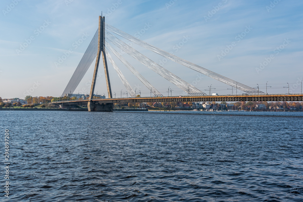 Soviet Era Suspension Bridge over a River in Riga Latvia