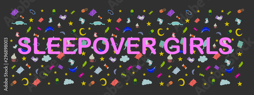 Sleepover girls party text with pattern for pajama party. Vector elements for good sleep on purple background. text, lettering