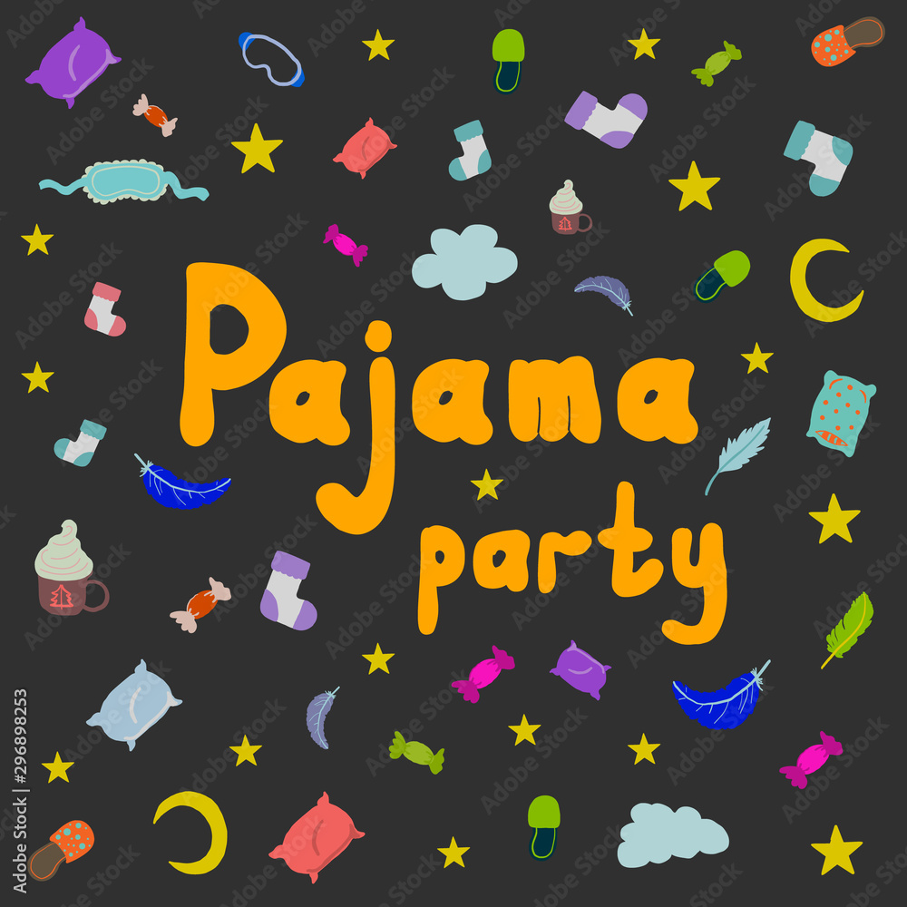 Pajama party text with pattern for pajama party. Vector colorful elements for good sleep on black background. Pajama party text with pattern for pajama party. Vector colorful elements for good sleep on black background.