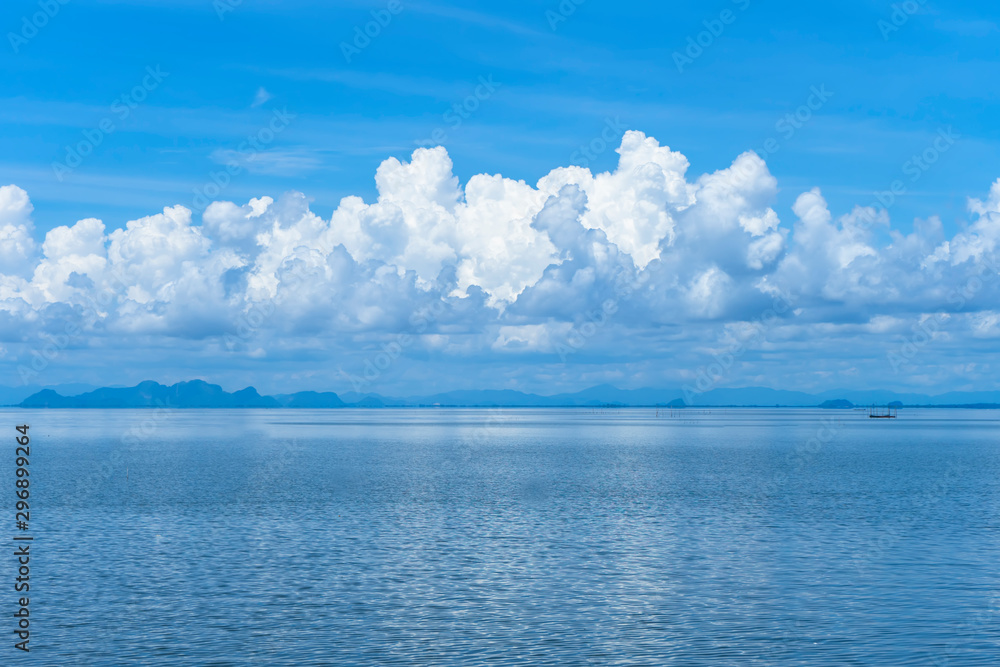 Blue sky background with white clouds on the lake.
