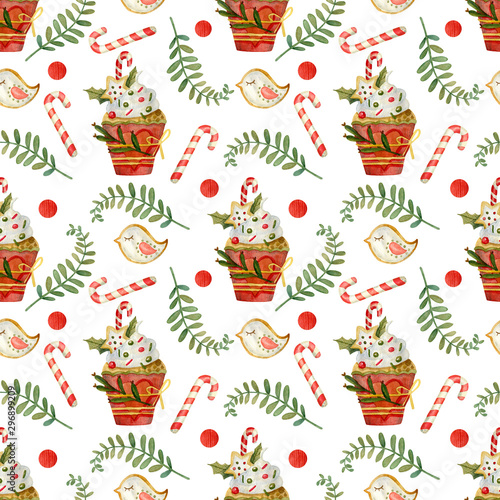 Watercolor seamless pattern on a white background on the theme of christmas and new year, with cupcakes, sweets