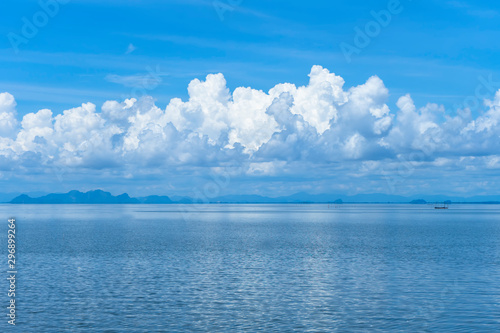 Blue sky background with white clouds on the lake.