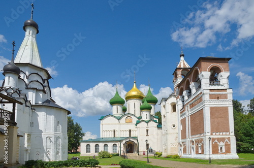 Suzdal, Russia - July 26, 2019: Spaso-evfimiev monastery. Assumption refectory Church, Transfiguration Cathedral and belfry. The Golden ring of Russia photo