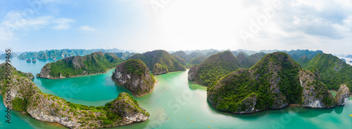 Photography Aerial view of Ha Long Bay Cat Ba island, unique limestone rock islands and karst formation peaks in the sea, famous tourism destination in Vietnam