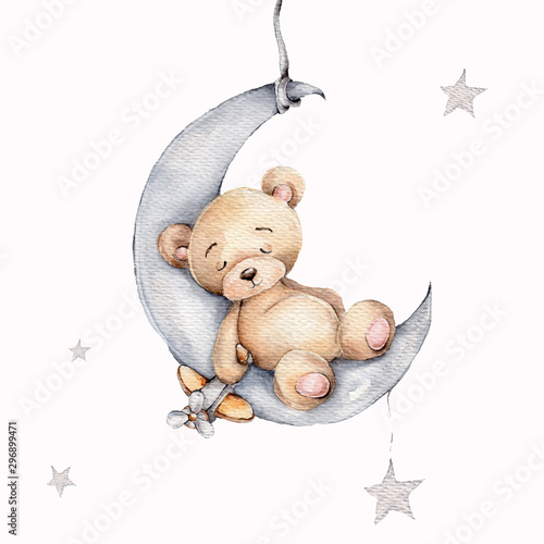 Fotografering Cute sleeping teddy bear on the silver moon; watercolor hand draw illustration;