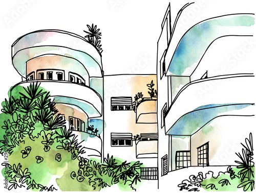 OLd nice street of White city Tel Aviv, hand drawn sketch. Vector illustration on background watercolor