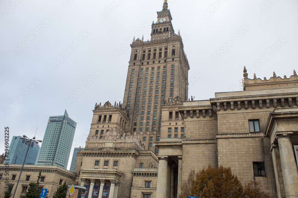View of the Warsaw Palace of Culture and Science on an autumn cloudy day, the tallest building in Poland.