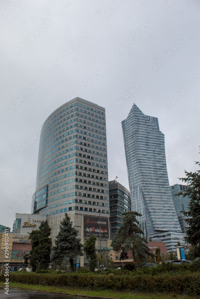 Cityscape with skyscrapers in the center of Warsaw near the railway station on a cloudy autumn day.