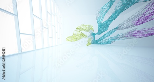 Abstract architectural white and glass gradient color wire smooth interior of a minimalist house with large windows. 3D illustration and rendering.