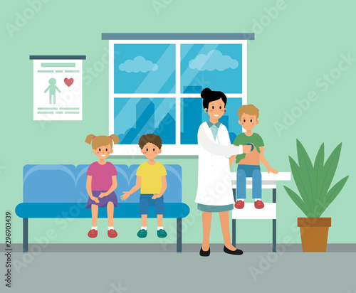 Pediatrician doctor woman doing medical examination of kids. Listening to kid heart rate with stethoscope. Modern flat style. Vector illustration cartoon clipart.